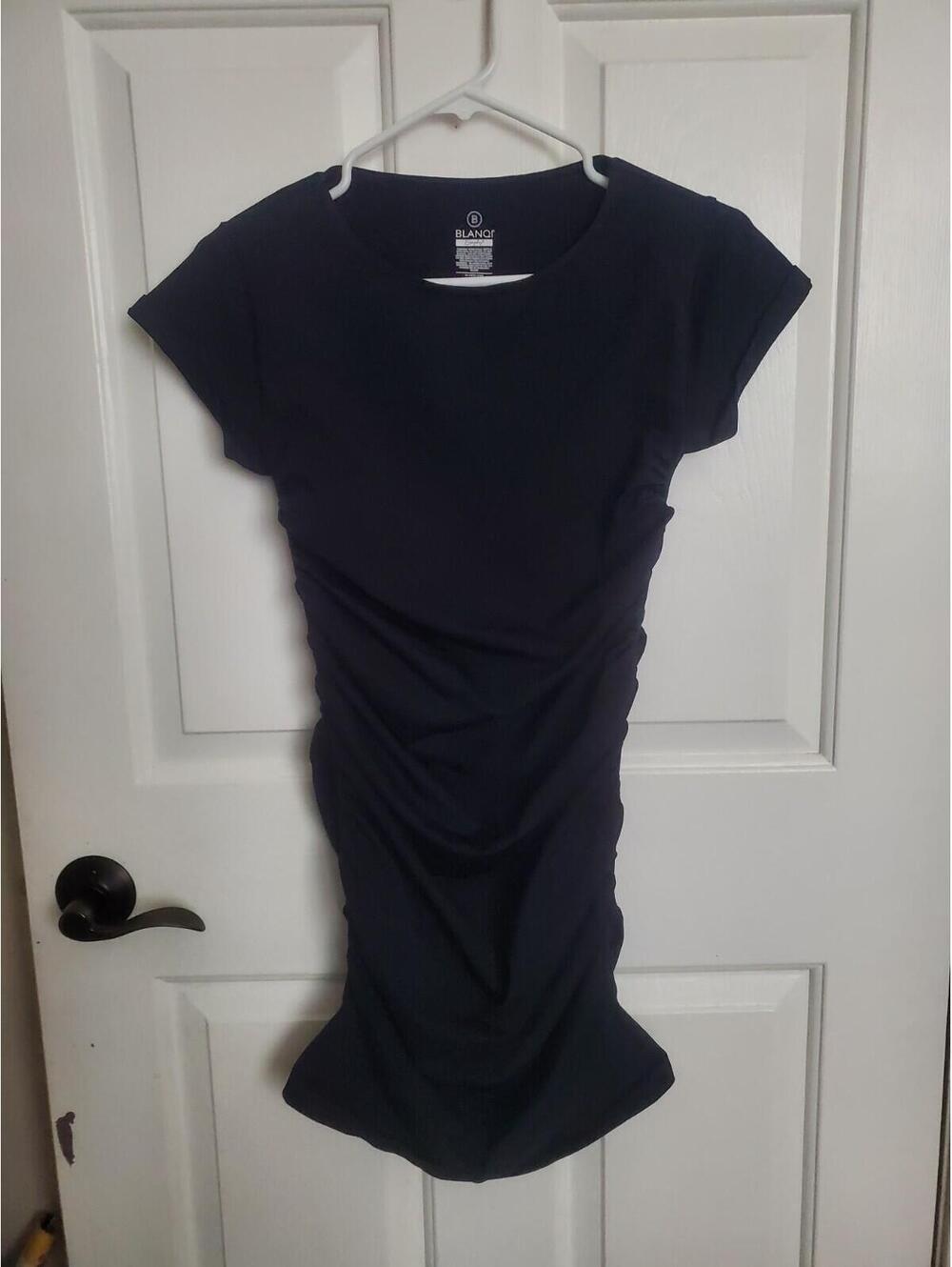 Blanqi Maternity Dress Small Black Knit Stretch Short Sleeve Ruched Bodycon Mini